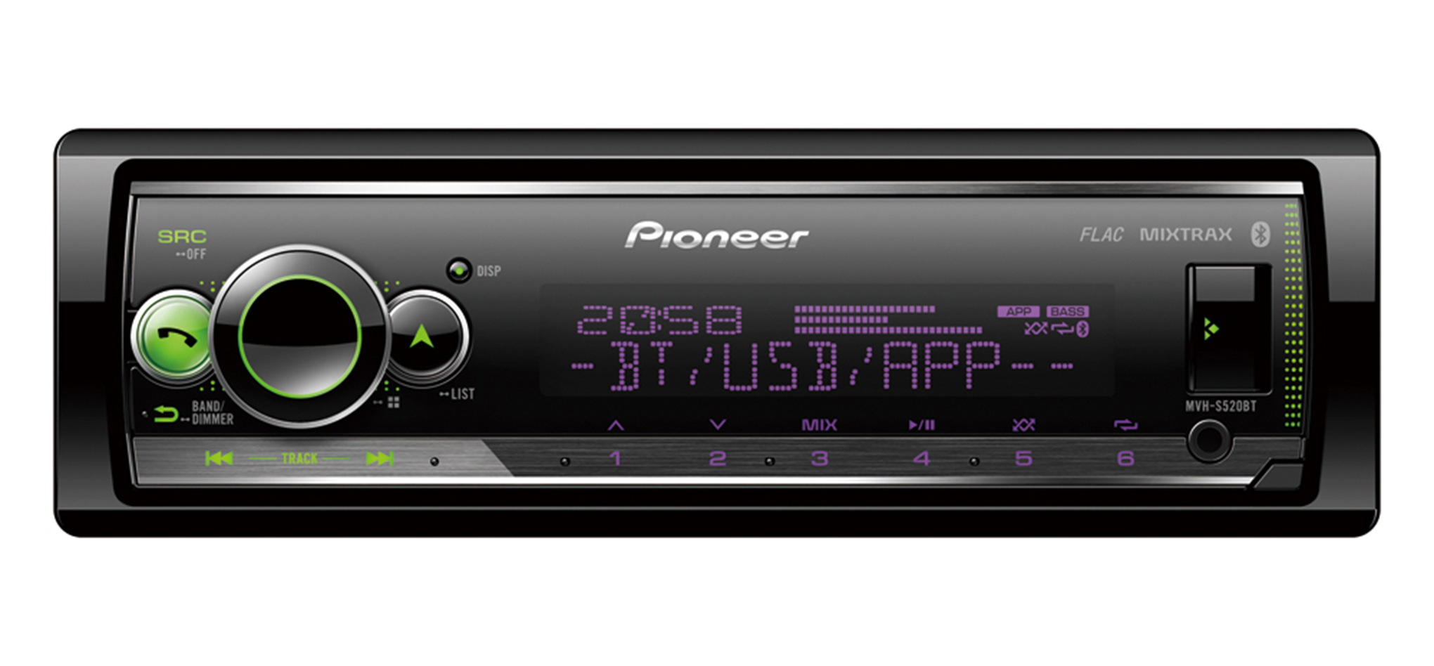 Процессорная автомагнитола USB/FLAC/iPod/iPhone/Android без CD-привода с Bluetooth Pioneer MVH-S520BT